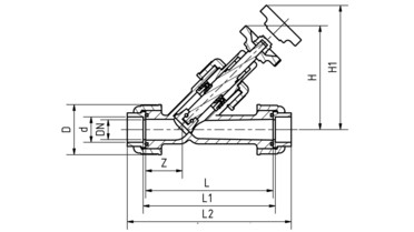 Zeichnung: Handabsperrventil DN 15 - 50 mit Verschraubung und Schweissmuffe