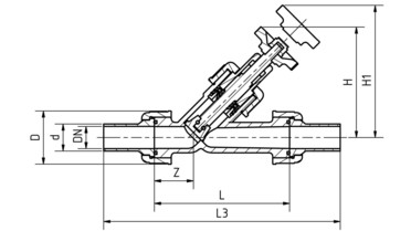 Zeichnung: Handabsperrventil DN 15 - 50  mit Verschaubung und Schweissstutzen